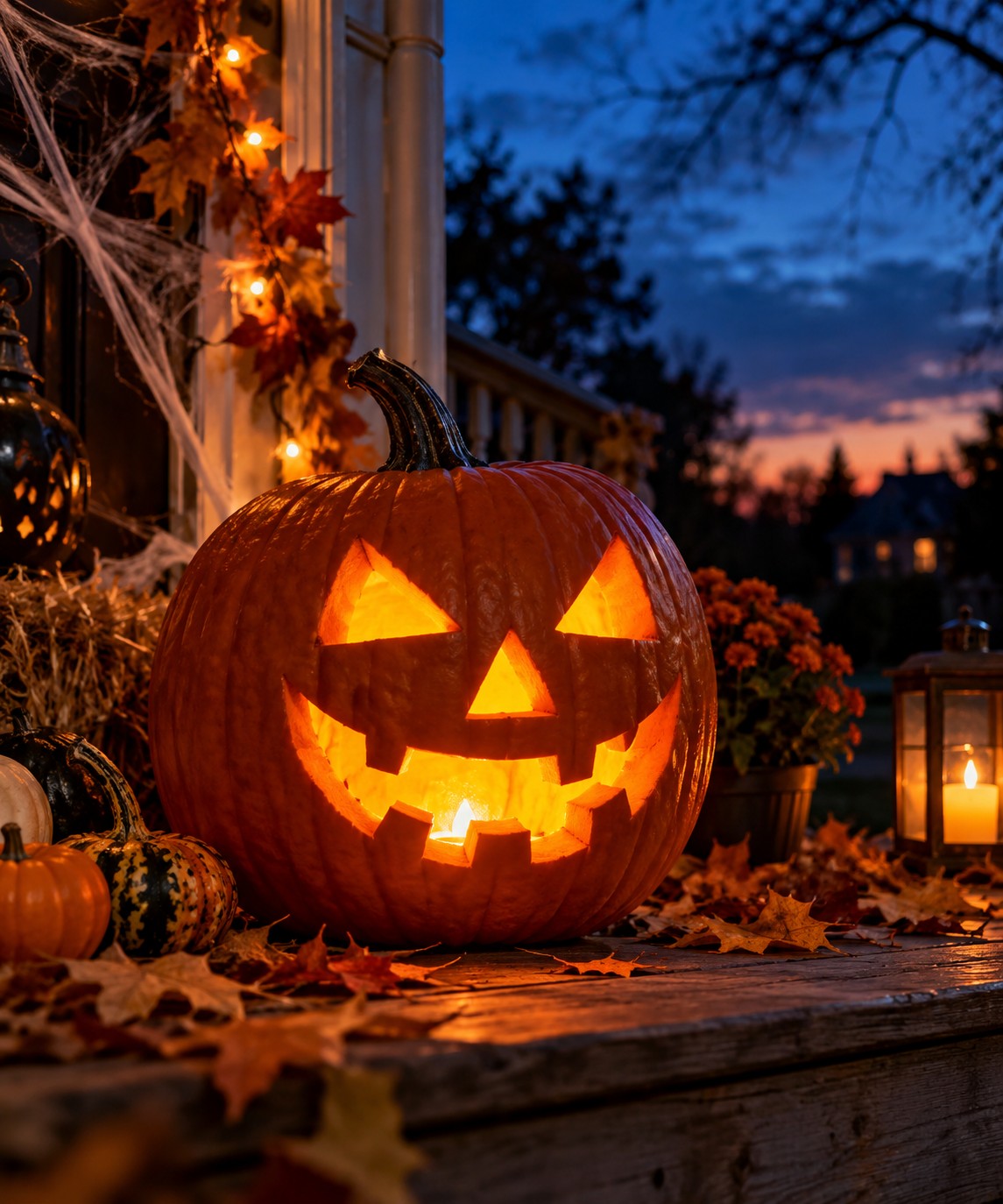 Glowing Jack-o’-Lantern on an Autumn Porch