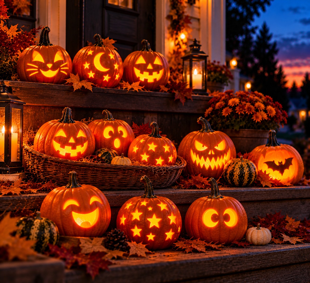 Glow-Lit Pumpkin Porch at Dusk