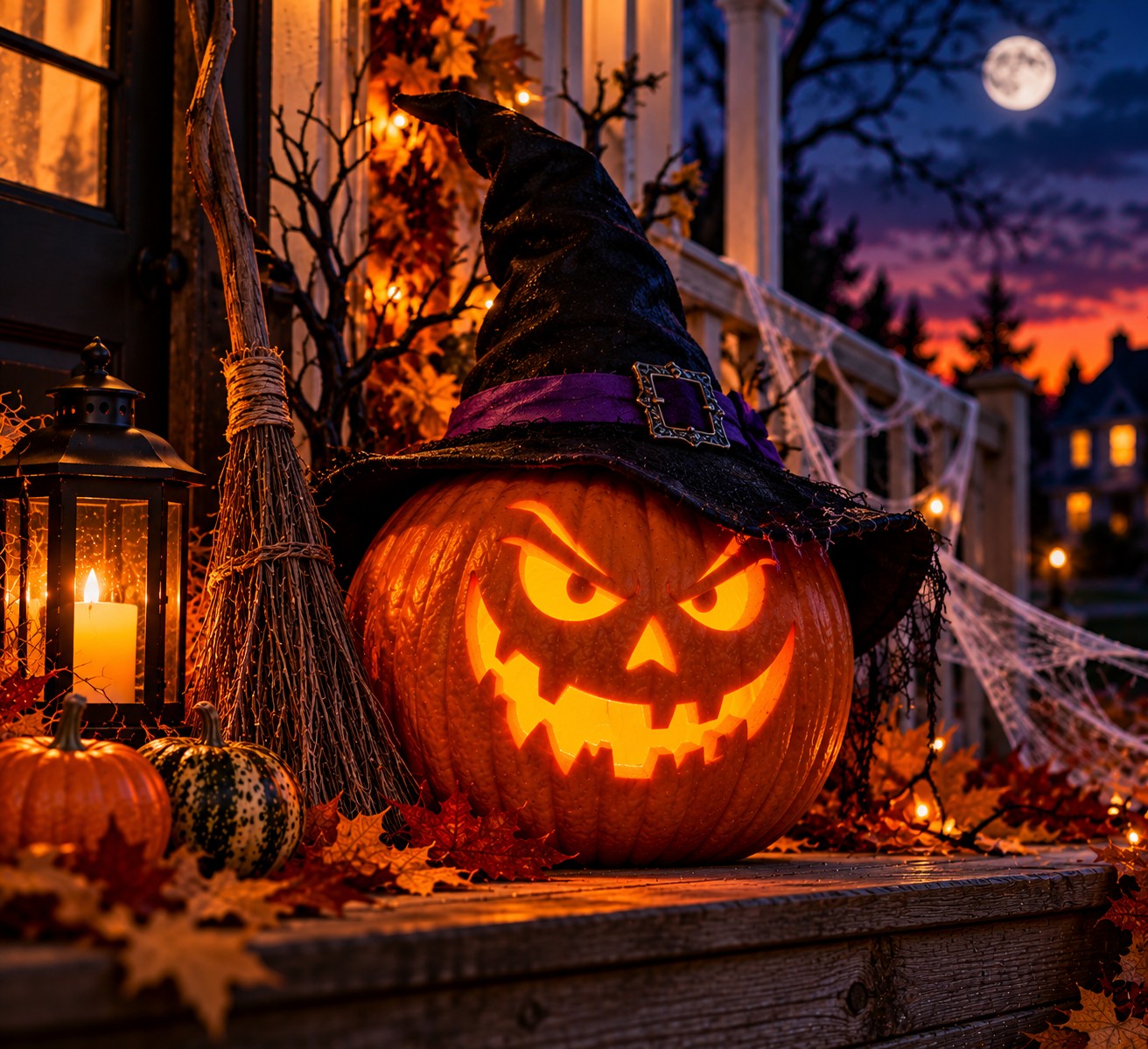 Witch’s Pumpkin on a Moonlit Porch