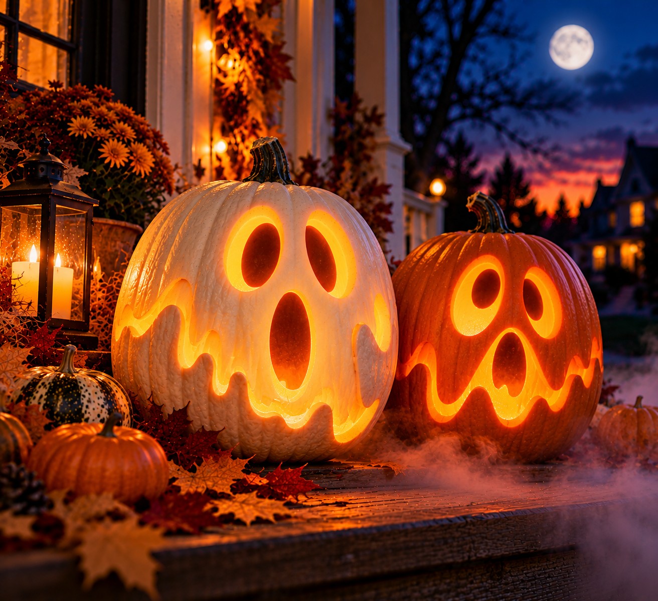 Ghostly Pumpkins on a Moonlit Porch