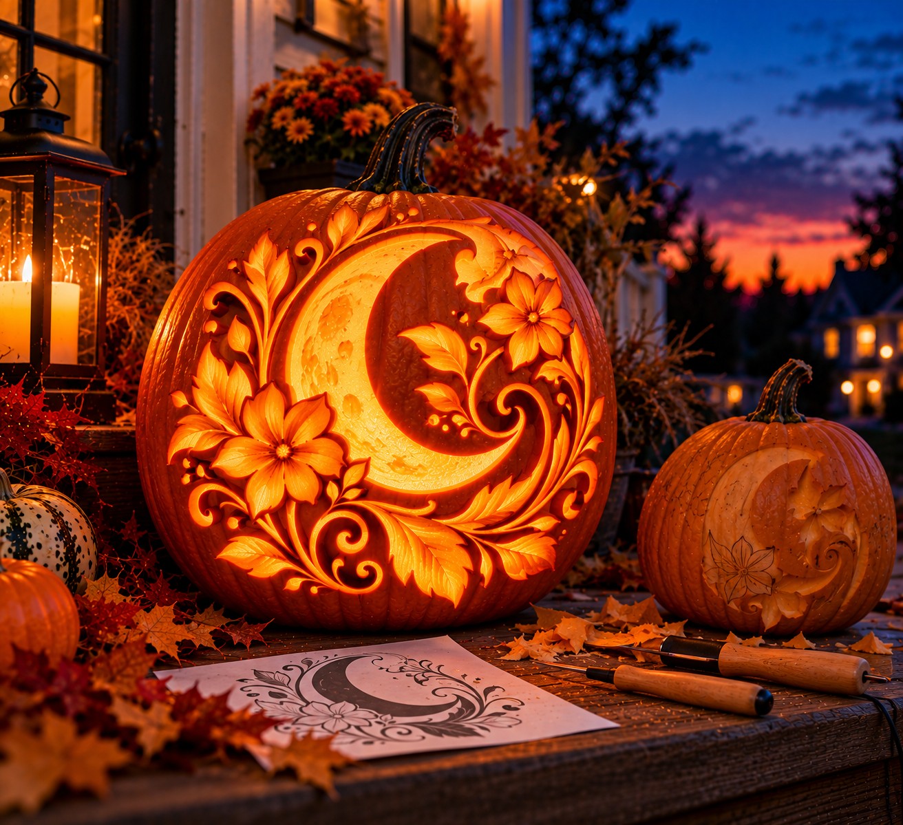 Moonlit Floral Jack-o’-Lantern Porch