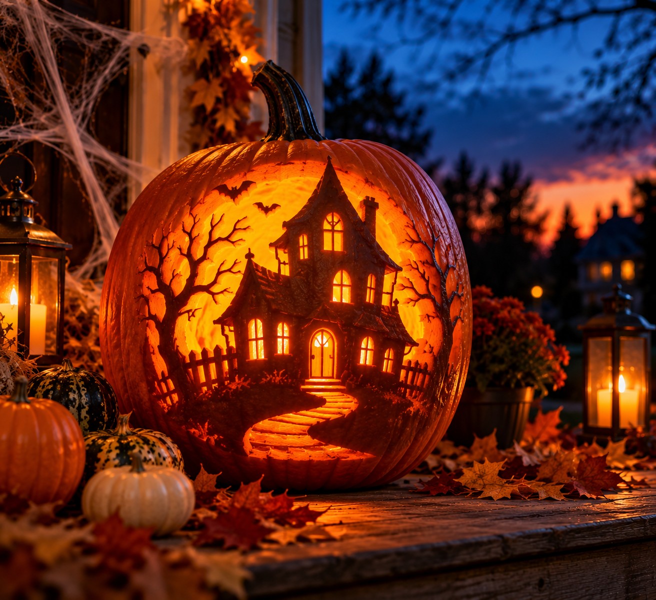 Haunted House Pumpkin Porch at Twilight