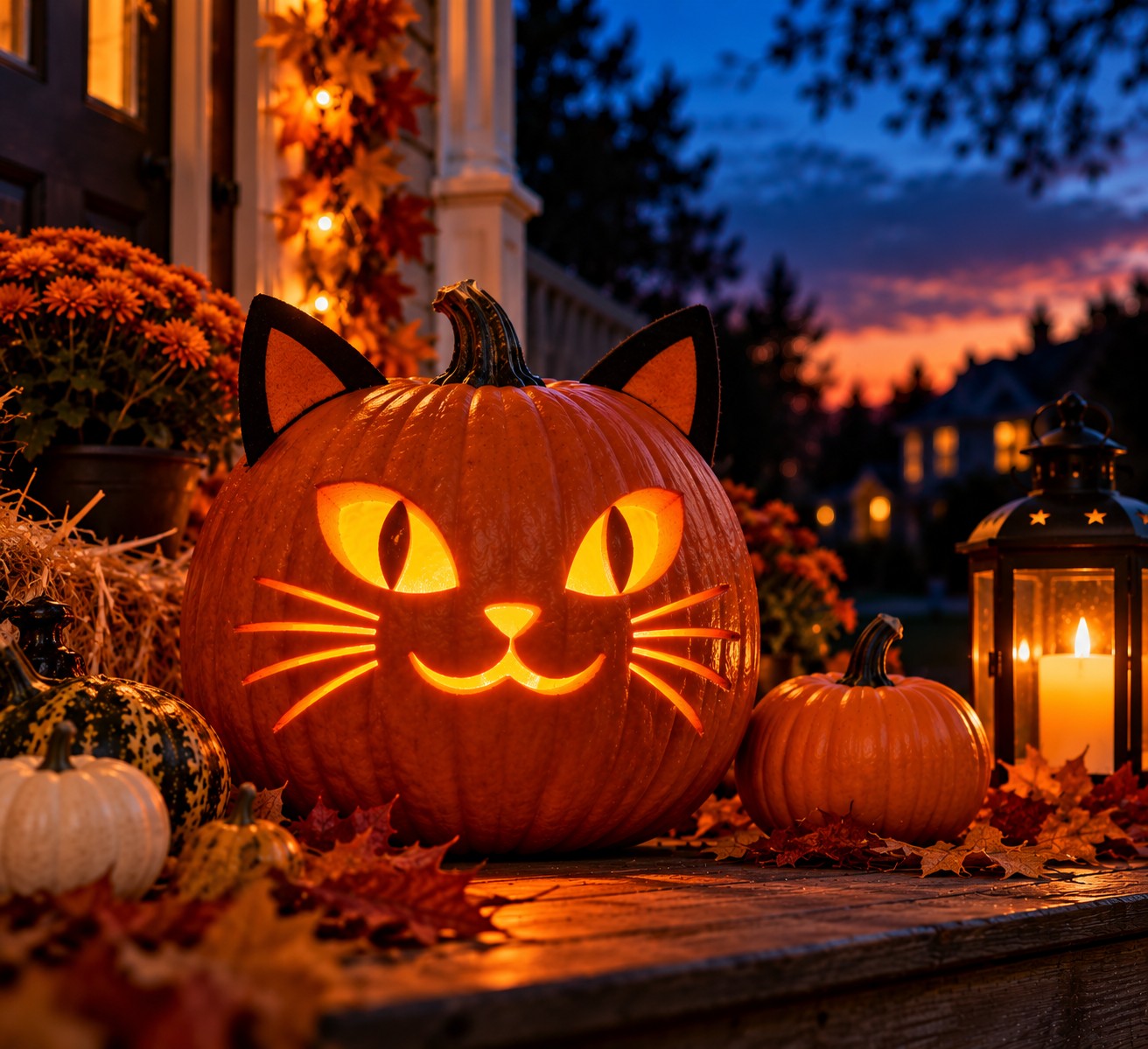 Cozy Cat Pumpkin Porch at Dusk