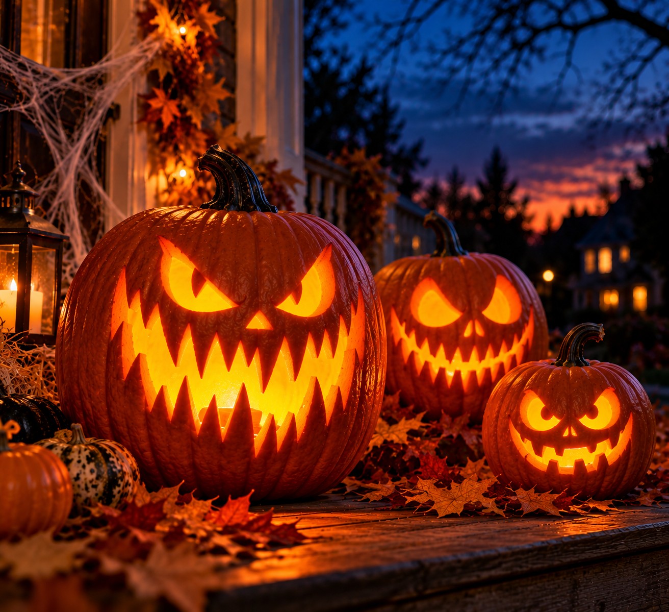 Menacing Jack-o’-Lanterns on a Haunted Porch