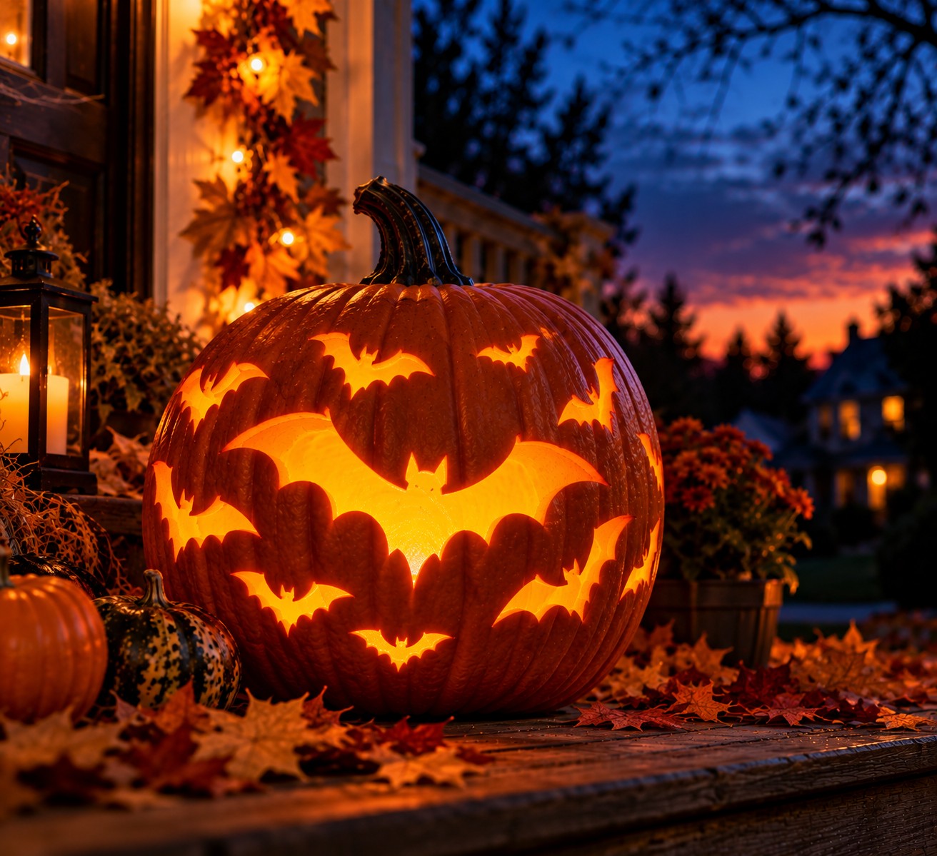 Bat-Glowing Pumpkin Porch at Dusk