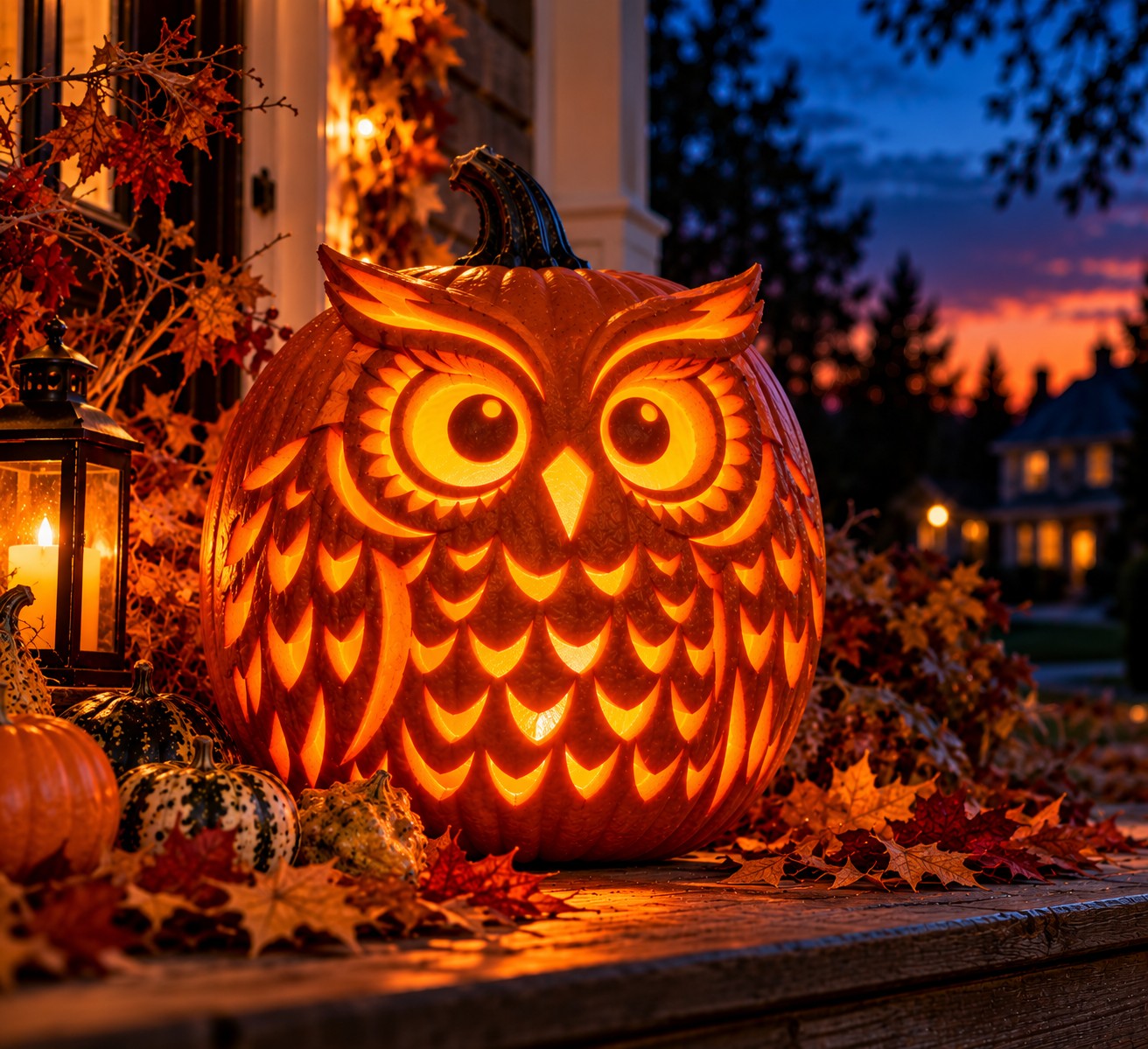 Owl Pumpkin on a Twilight Porch
