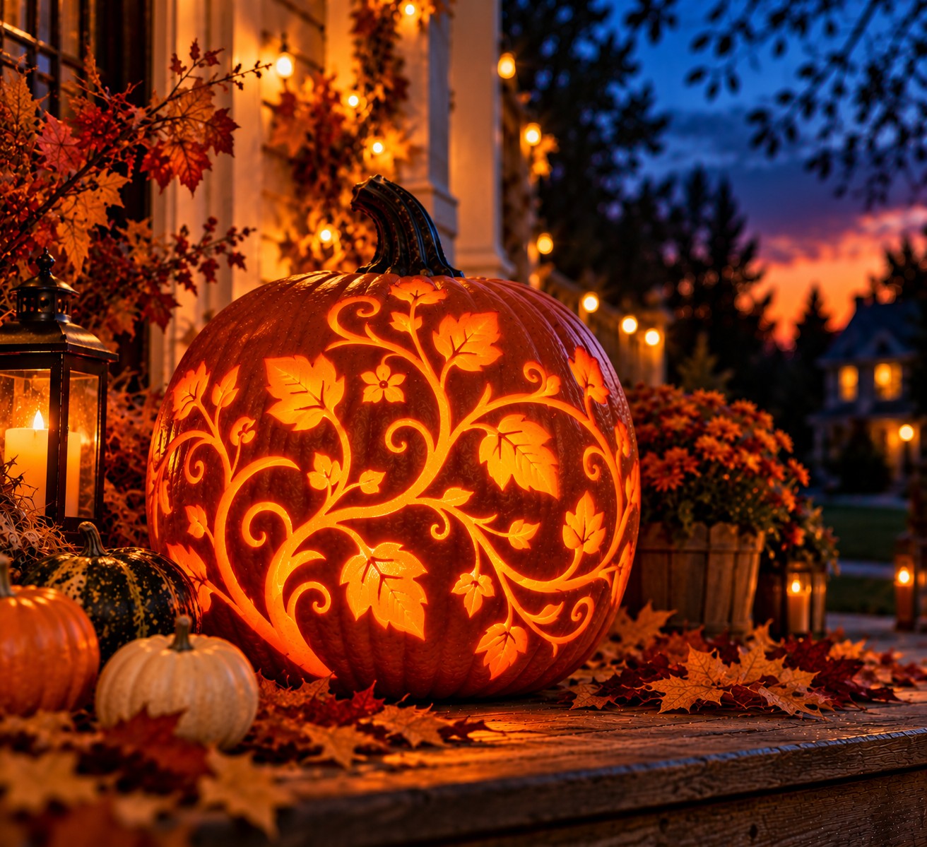 Autumn Twilight Pumpkin Porch Display