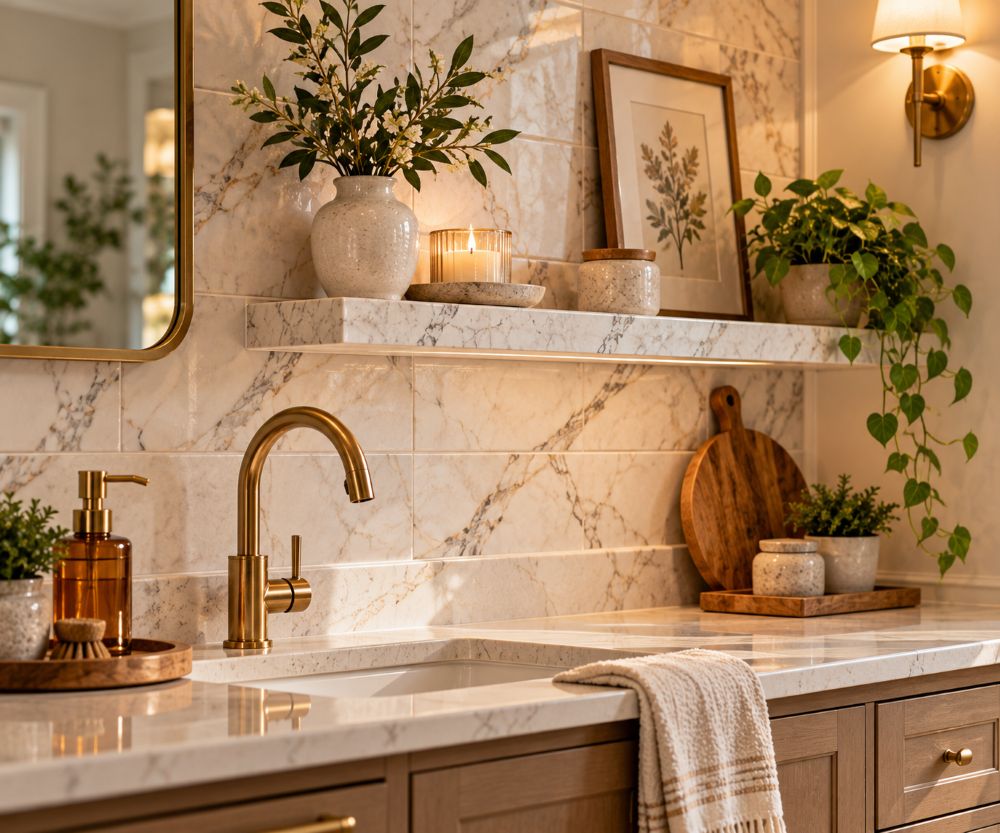 Warm Marble Bathroom Vanity Nook